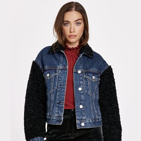 Dear John Sherpa Denim Jacket - Dark Wash Jean Trucker Classic - Picture 1 of 10